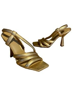 MERCEDES CASTILLO GOLD LEATHER STRAPPY SLING BACK SANDAL HEELS (40/10)